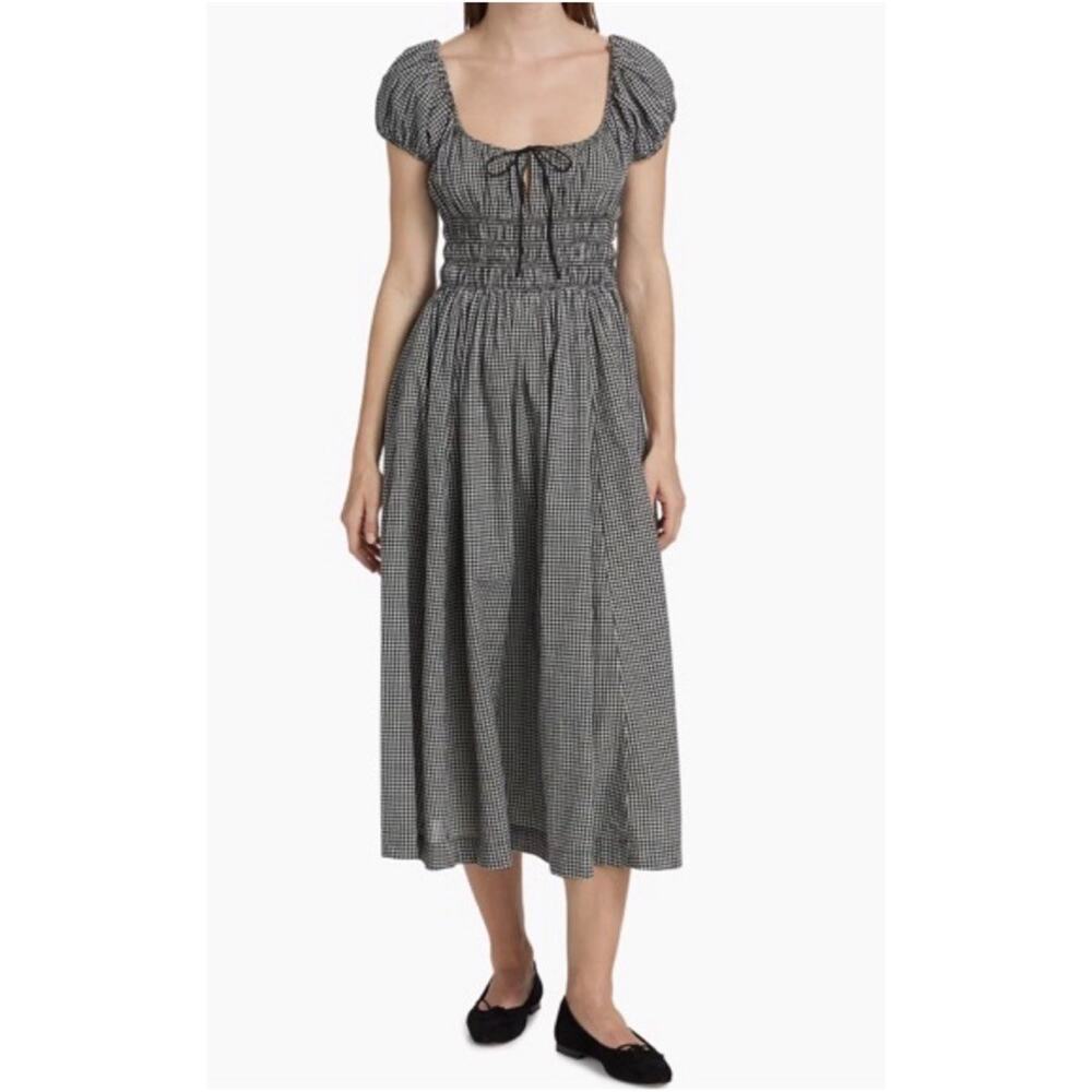 DÔEN Quinn Black White Gingham Smocked Midi Dress Puff Sleeve XL Cotton